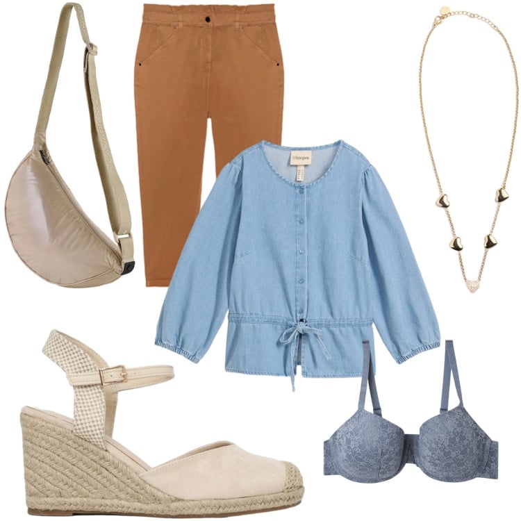 Outfit donna - Sinfonia Rustica. Stile Casual chic per Tutti i giorni. Abbinamento con camicie, reggiseni, zeppe, pantaloni, collane, borse sportive.