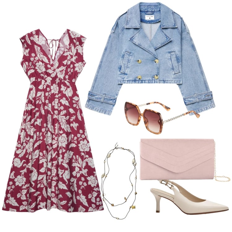 Outfit donna - La primavera in arrivo. Stile Romantica per Ufficio. Abbinamento con pochette, décolleté, occhiali da sole, caban, vestiti midi/longuette, collane.