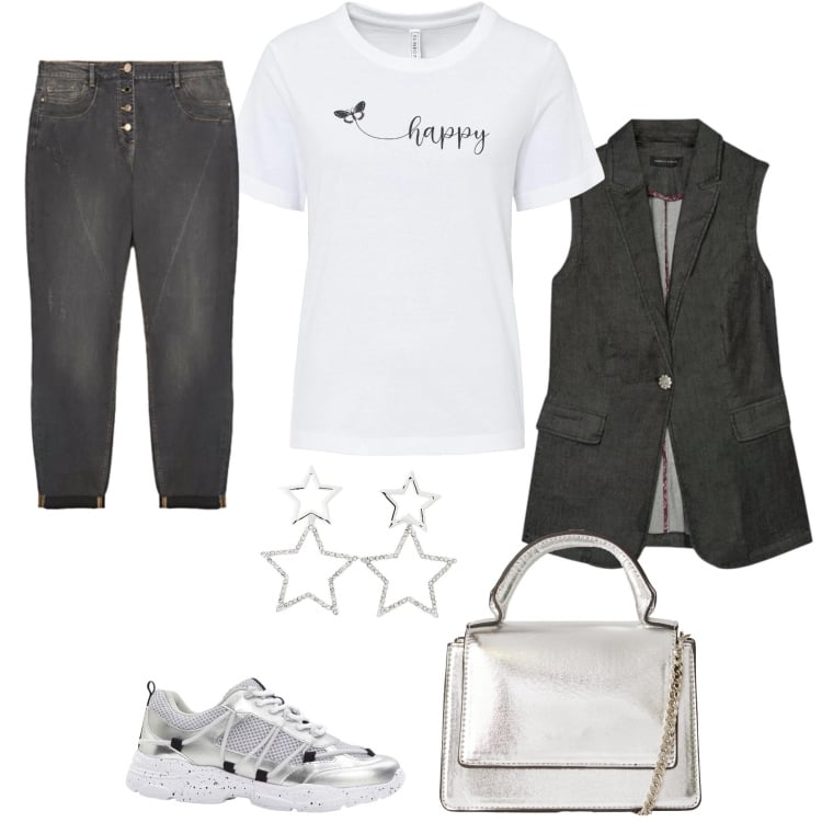 Outfit donna - Chic Urbano. Stile Casual chic per Tutti i giorni. Abbinamento con t-shirt, sneakers, orecchini, borse a tracolla, gilet, jeans.