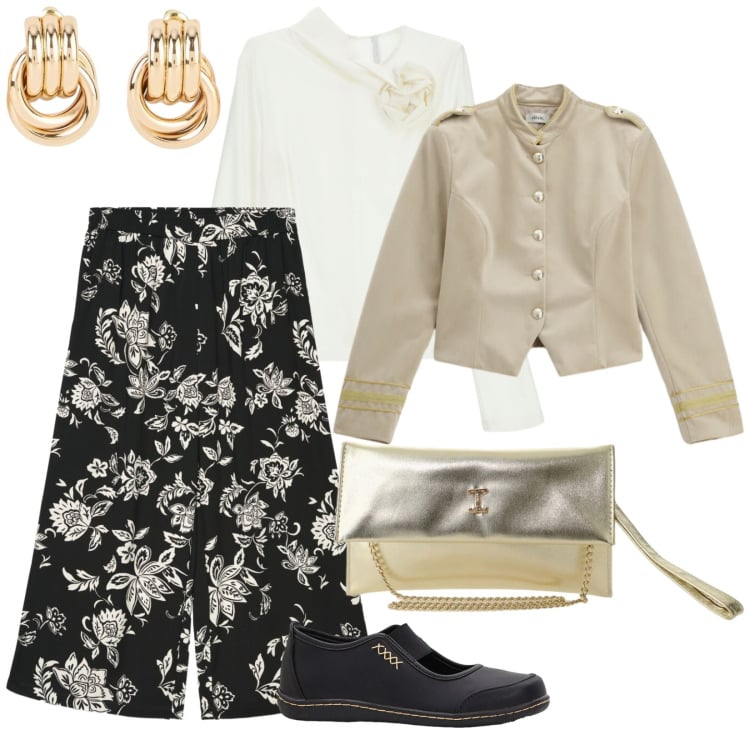 Outfit donna - Un tocco di luce dorato. per Tutti i giorni. Abbinamento con ballerine, orecchini, borse a tracolla, t-shirt, pantaloni a palazzo, blazer.