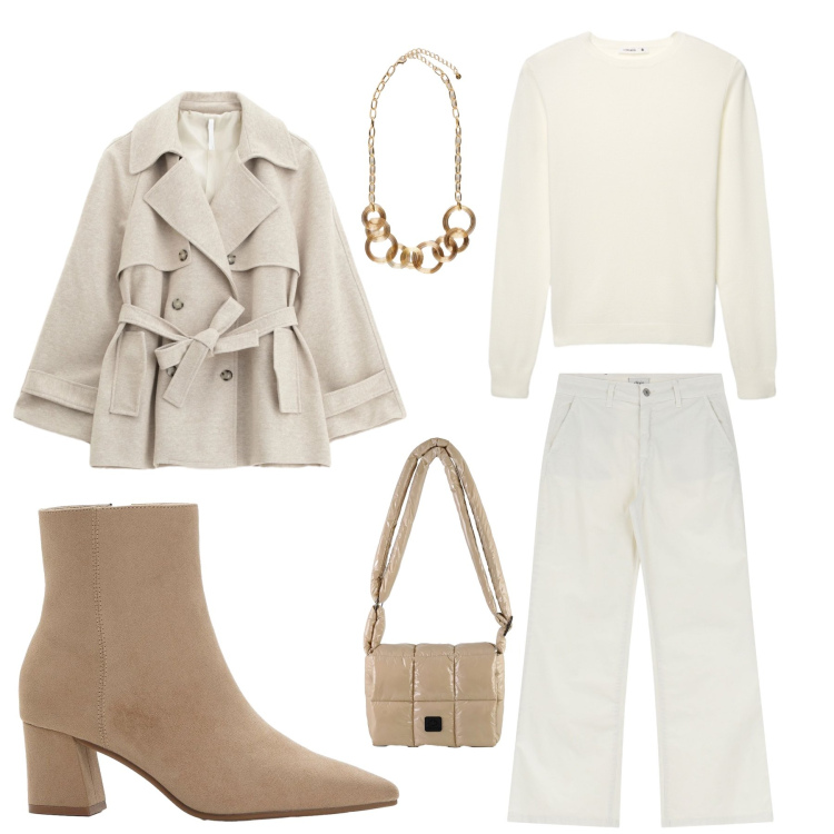 Outfit donna - Trench. Stile Casual chic per Ufficio. Abbinamento con stivaletti, maglieria, trench, collane, jeans, borse a spalla.