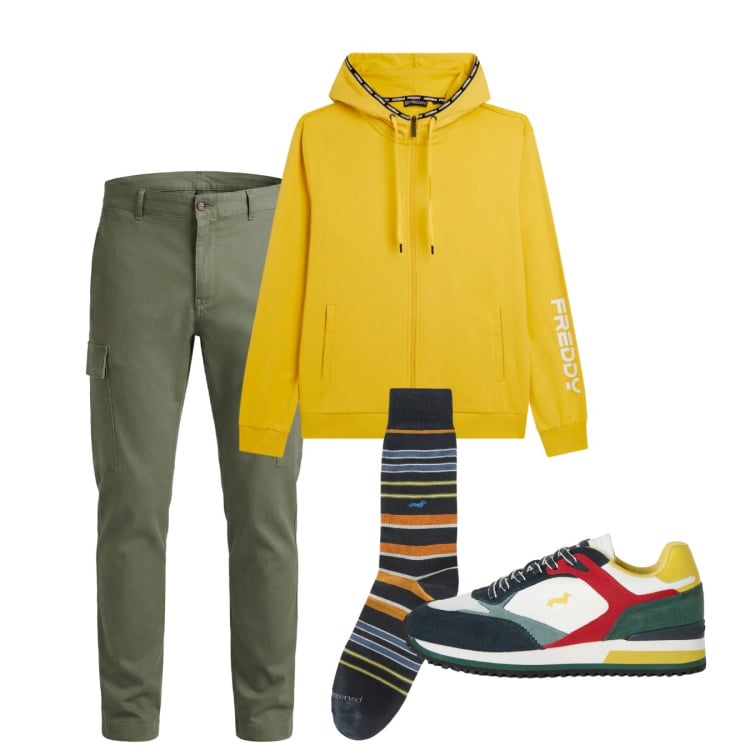 Outfit uomo - Marzo. Stile Casual per Tutti i giorni. Abbinamento con pantaloni cargo, sneakers, calzini, felpe con cappuccio.