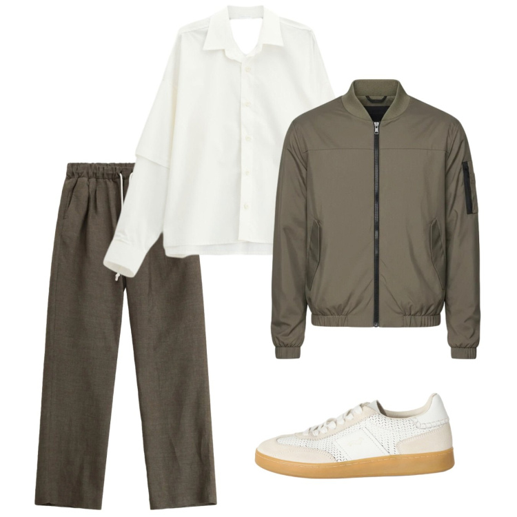 Outfit uomo - Spring argilla. Stile Trendy per Tutti i giorni. Abbinamento con sneakers, pantaloni, camicie, bomber.