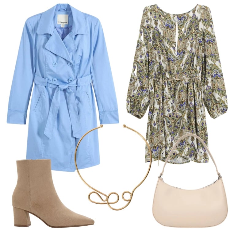 Outfit donna - Trench a marzo. Stile Trendy per Tutti i giorni. Abbinamento con stivaletti, trench, borse a tracolla, collane, vestiti corti.