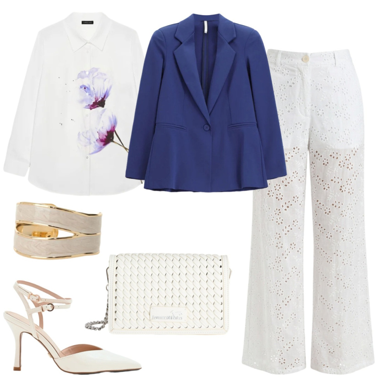 Outfit donna - Fantasia floreale a marzo. Stile Chic per Serata fuori. Abbinamento con borse a tracolla, blazer, camicie, anelli, décolleté, pantaloni.