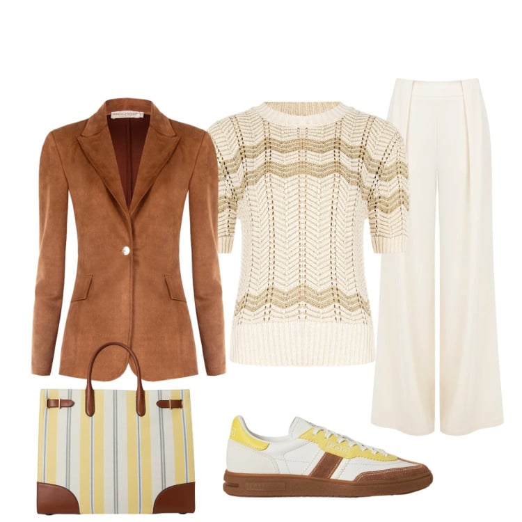 Outfit donna - In città. Stile Chic per Tutti i giorni. Abbinamento con blazer, t-shirt, pantaloni a palazzo, borse tote, sneakers.