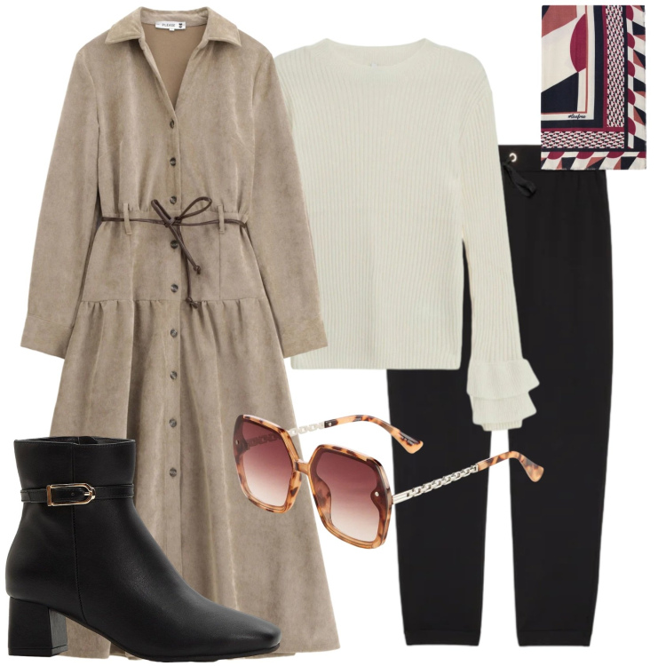 Outfit donna - Romance trench. Stile Casual chic per Tutti i giorni. Abbinamento con stivaletti, occhiali da sole, maglieria, pantaloni, foulard, vestiti lunghi.