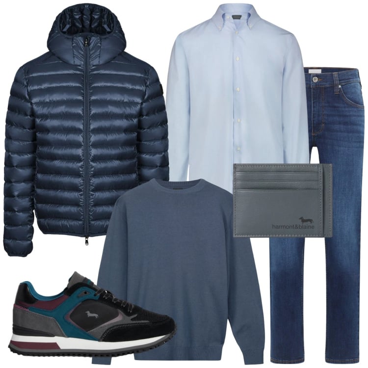 Outfit uomo - Total look informale da ufficio. Stile Urban per Tutti i giorni. Abbinamento con jeans dritti, sneakers, portafogli, bomber, maglieria, camicie.