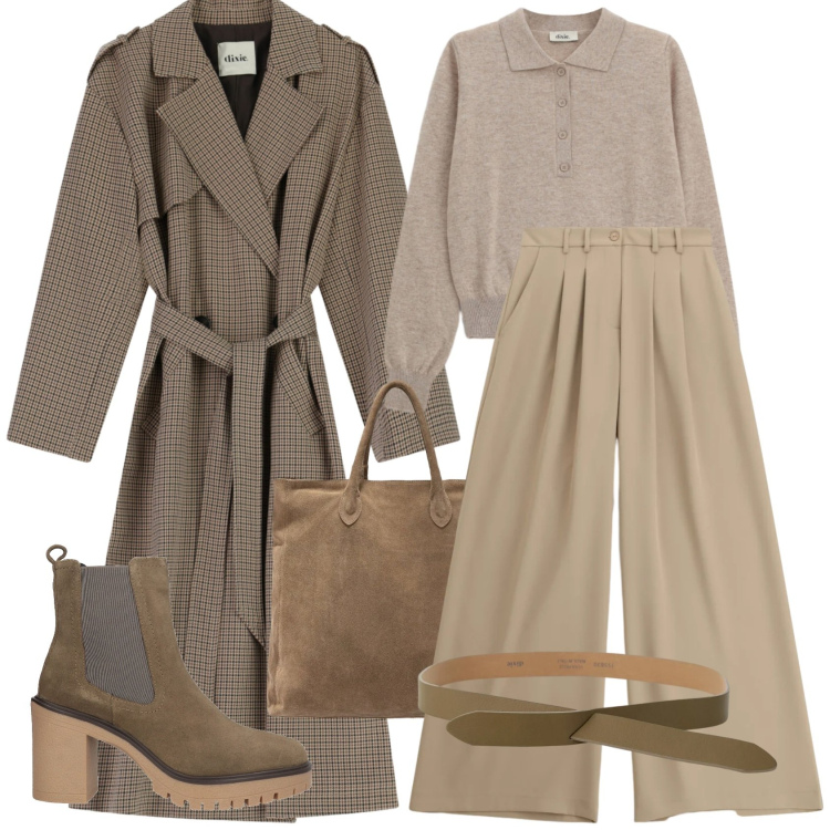 Outfit donna - Suede. Stile Casual chic per Tutti i giorni. Abbinamento con stivaletti chelsea, cinture, trench, pullovers, pantaloni a palazzo, borse a mano.
