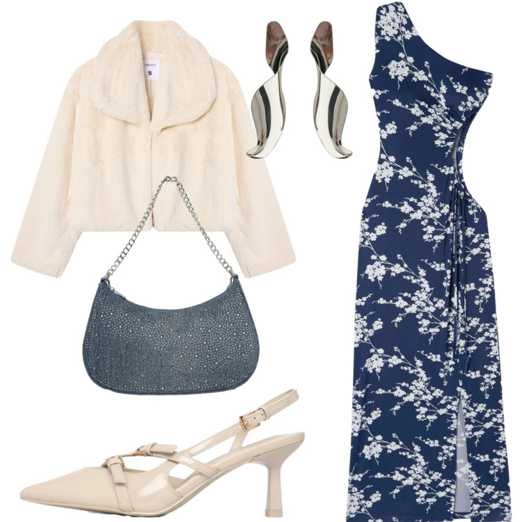 Outfit donna - Monospalla di primavera. Stile Romantica per Serata fuori. Abbinamento con vestiti asimmetrici, ecopellicce, décolleté, borse a tracolla, orecchini.