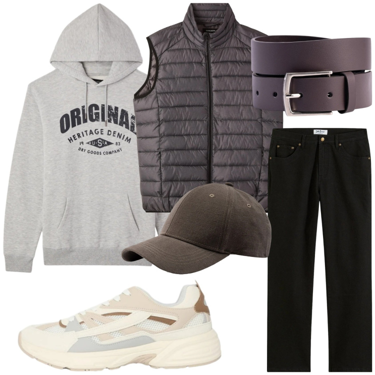 Outfit uomo - Urban outfit. Stile Urban per Tutti i giorni. Abbinamento con jeans dritti, piumini, sneakers, felpe con cappuccio, cinture, cappelli con visiera.