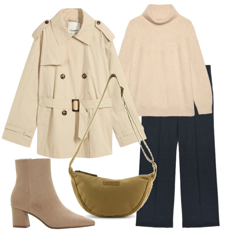 Outfit donna - Easy and classic. Stile Casual per Tutti i giorni. Abbinamento con trench, stivaletti, maglieria, pantaloni chino, borse a tracolla.