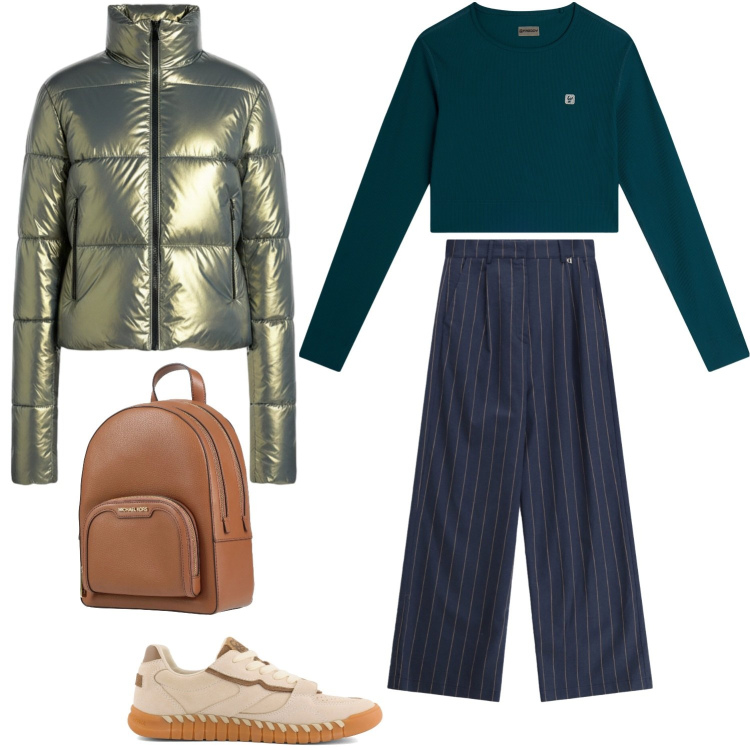 Outfit donna - Pranzo con le amiche. Stile Minimal per Ufficio. Abbinamento con zaini, pantaloni a palazzo, maglieria, bomber, sneakers.