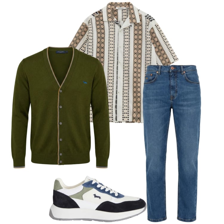 Outfit uomo - Total look #2359278. Stile Trendy per Tutti i giorni. Abbinamento con sneakers, jeans, cardigans, camicie a manica corta.
