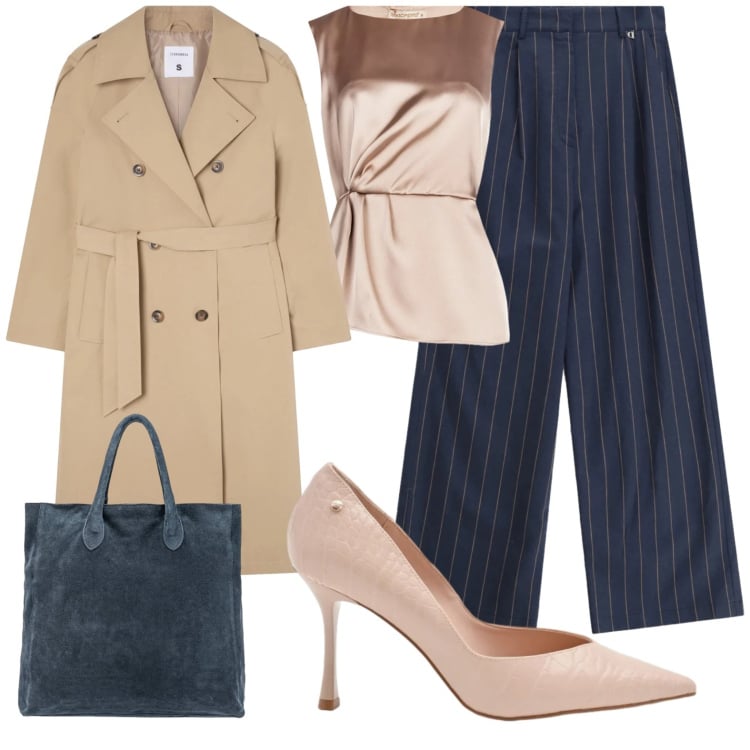 Outfit donna - Classico, elegante, intraprendente. Stile Casual chic per Tutti i giorni. Abbinamento con trench, pantaloni a palazzo, décolleté, bluse, borse a mano.