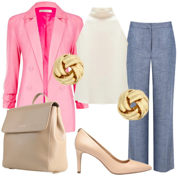 Outfit donna - Colori di primavera. Stile Glamour per Tutti i giorni. Abbinamento con décolleté, zaini, pantaloni, top, blazer, orecchini.