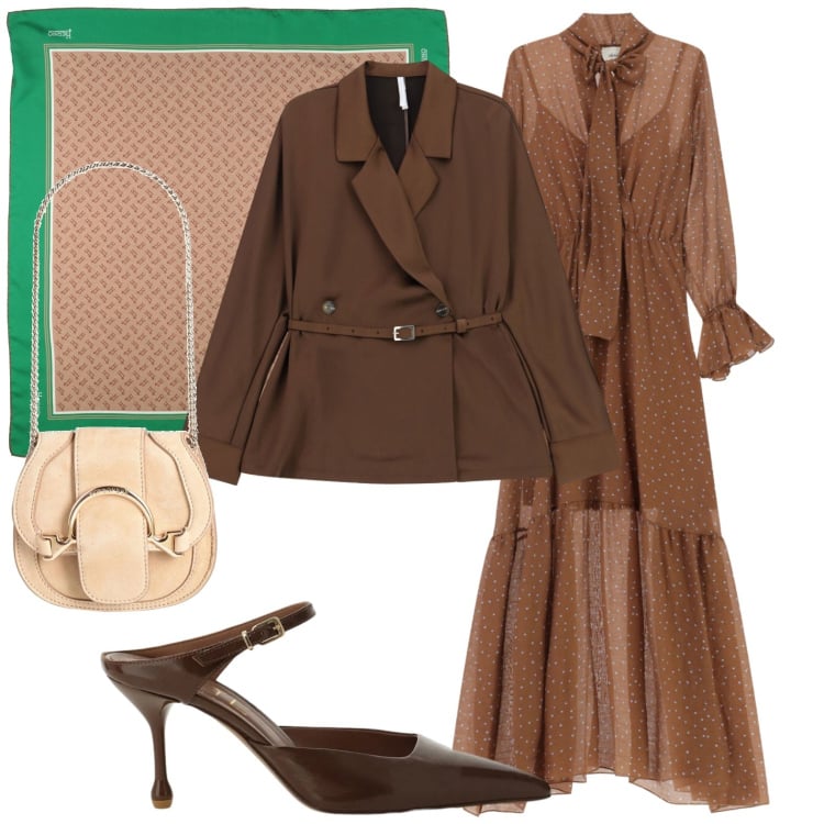 Outfit donna - Glam in nocciola. Stile Glamour per Serata fuori. Abbinamento con marsupi, sciarpe, blazer, vestiti lunghi, décolleté.