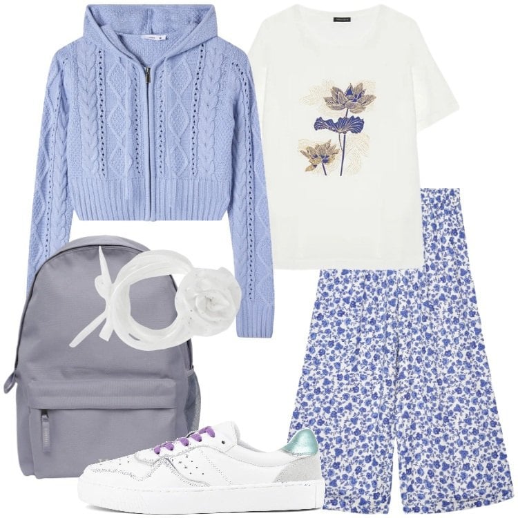 Outfit donna - Primavera che valorizza Donna Curvy. Stile Basic per Scuola/Università. Abbinamento con collane, zaini, cardigans, pantaloni a palazzo, t-shirt, sneakers.