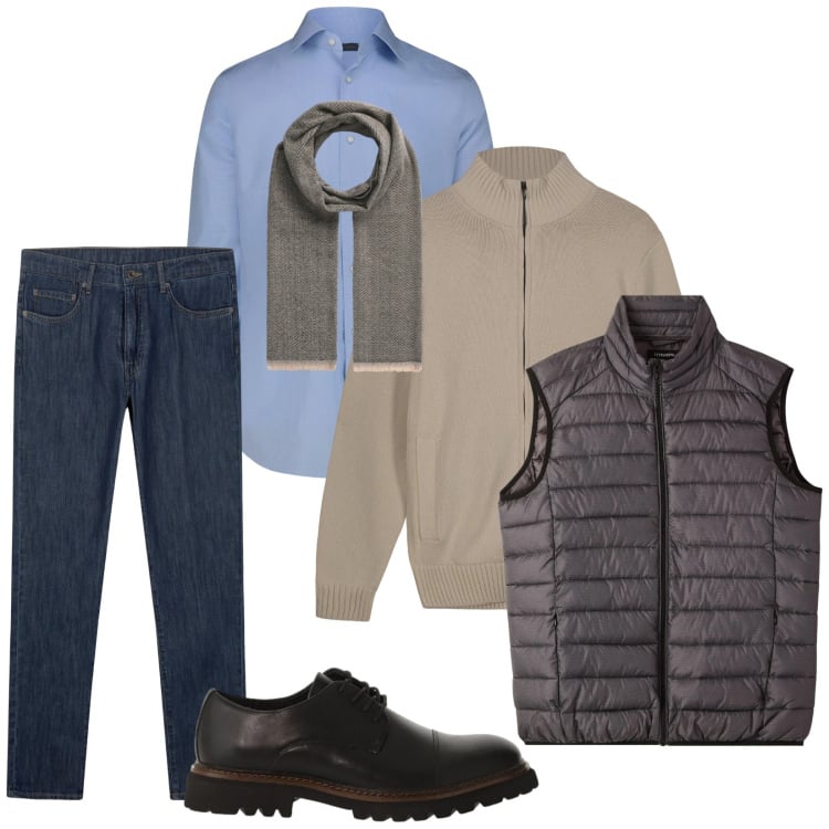 Outfit uomo - Total look #2359308. Stile Trendy per Tutti i giorni. Abbinamento con scarpe stringate, piumini, sciarpe, cardigans, jeans, camicie.