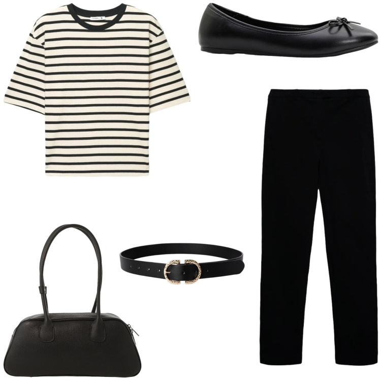 Outfit donna - Parisian girl style. Stile Chic per Tutti i giorni. Abbinamento con ballerine, cinture, t-shirt, pantaloni skinny, borse a mano.