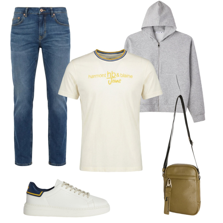 Outfit uomo - Urban Weekend. Stile Trendy per Tutti i giorni. Abbinamento con sneakers, t-shirt, jeans, borse sportive, felpe.