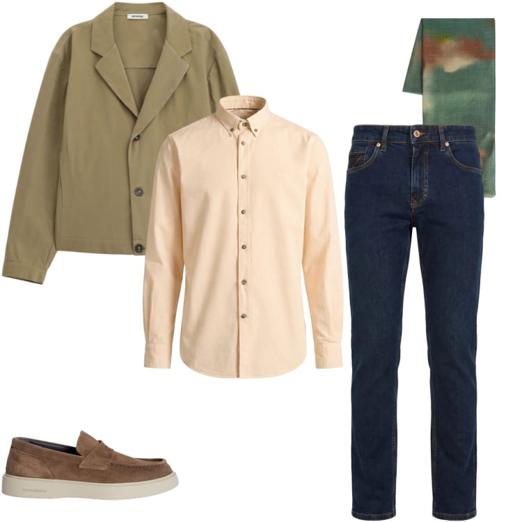 Outfit uomo - L’Equilibrio dei Toni Naturali. Stile Trendy per Tutti i giorni. Abbinamento con scarpe stringate, jeans, camicie, sciarpe, giacche.