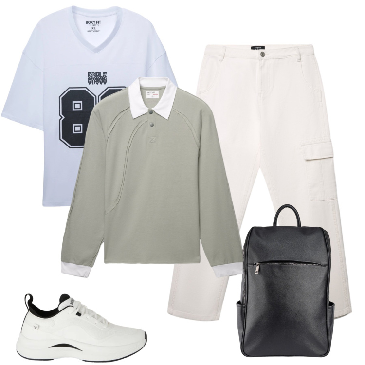 Outfit uomo - Minimalismo Sportivo e Toni Soft. Stile Casual per Tutti i giorni. Abbinamento con t-shirt, polo, pantaloni cargo, sneakers, borse sportive.