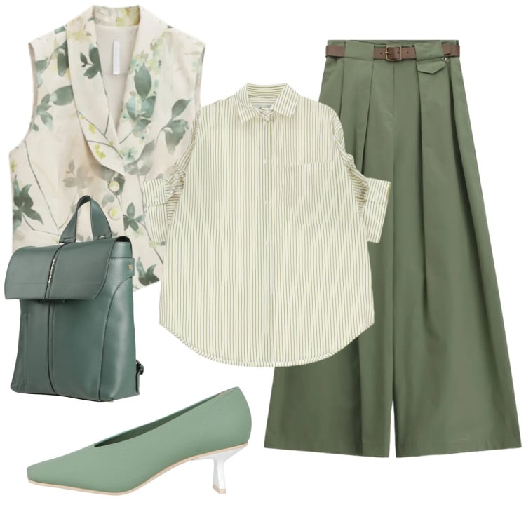 Outfit donna - Total look #2359381. Stile Trendy per Ufficio. Abbinamento con zaini, décolleté, gilet, pantaloni a palazzo, camicie.