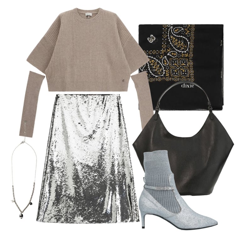 Outfit donna - Marzo. Stile Glamour per Tutti i giorni. Abbinamento con stivaletti, maglieria, borse a spalla, foulard, gonne longuette, ciondoli.