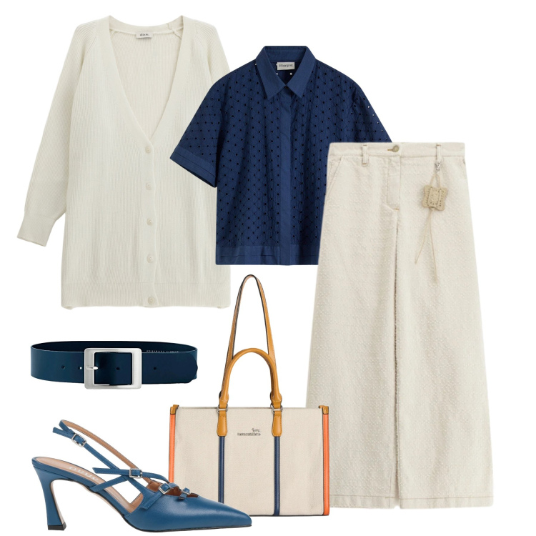Outfit donna - Spring time. Stile Casual chic per Ufficio. Abbinamento con décolleté, cinture, camicie, borse tote, cardigans, pantaloni a palazzo.