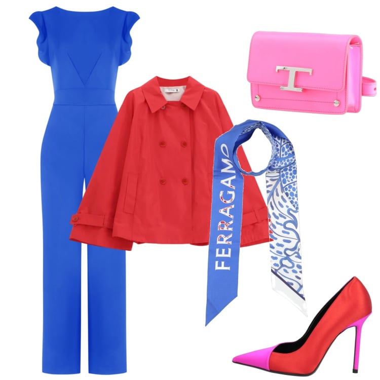 Outfit donna - Blu e rosso con leggerezza. Stile Casual chic per Tutti i giorni. Abbinamento con décolleté, marsupi, sciarpe, giacche, tute.