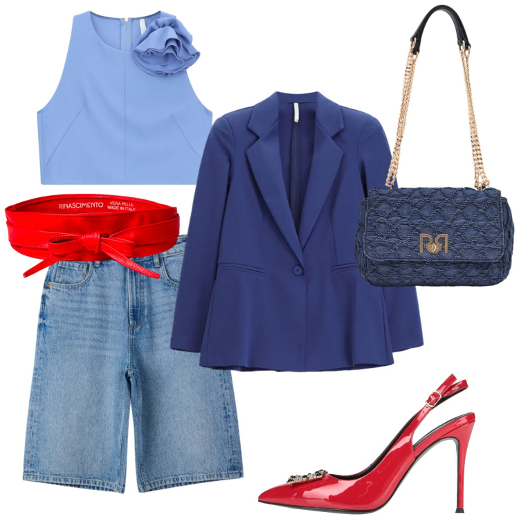 Outfit donna - Glamour in città. Stile Glamour per Tutti i giorni. Abbinamento con décolleté, bermuda, top, blazer, cinture, borse a spalla.