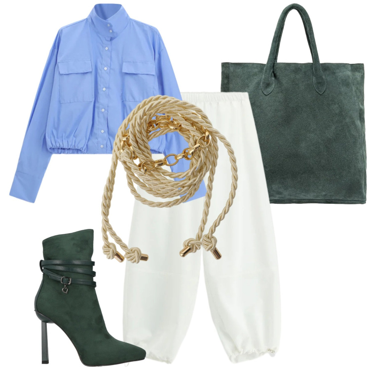 Outfit donna - Apericena. Stile Glamour per Serata fuori. Abbinamento con stivaletti, pantaloni, camicie, cinture, borse a mano.