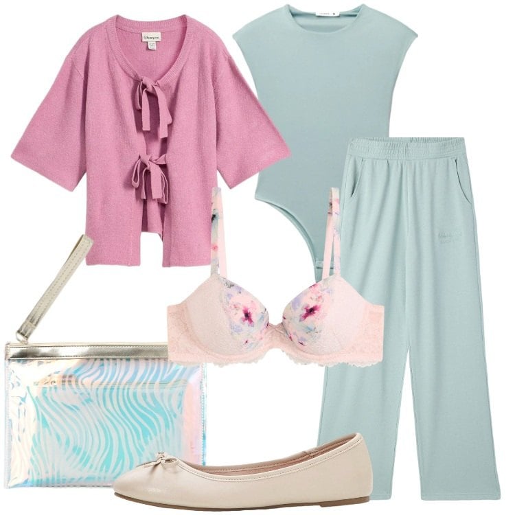Outfit donna - Il potere dei colori pastello Curvy. Stile Romantica per Tutti i giorni. Abbinamento con cardigans, ballerine, reggiseni, pantaloni, pochette, top.