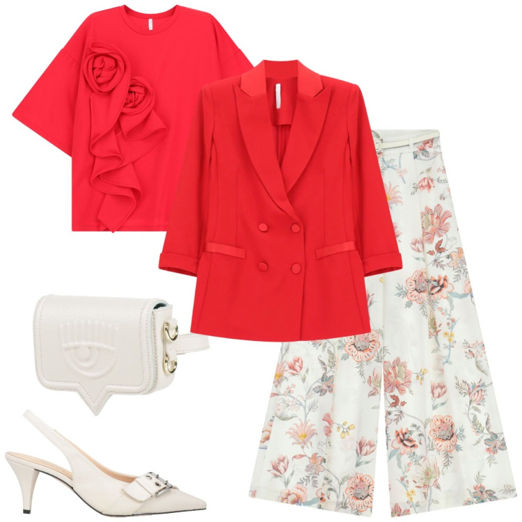 Outfit donna - Total look #2359414. Stile Romantica per Cerimonia. Abbinamento con marsupi, décolleté, pantaloni a palazzo, t-shirt, blazer.