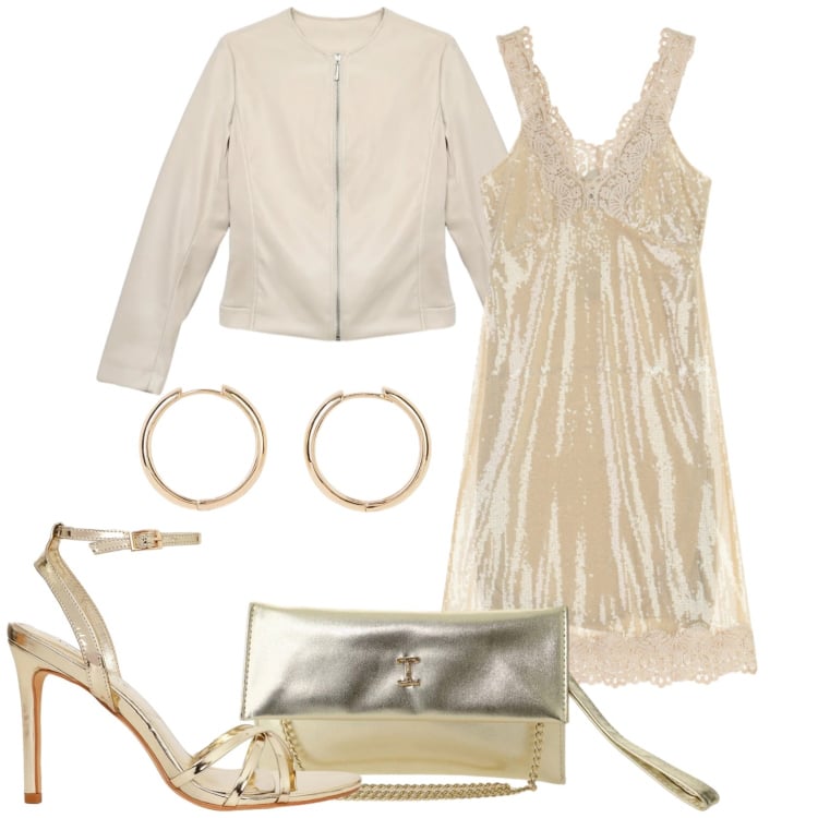 Outfit donna - Abito midi pizzo e paiettes. Stile Sexy per Serata fuori. Abbinamento con orecchini, borse a tracolla, giacche, sandali col tacco, vestiti midi/longuette.