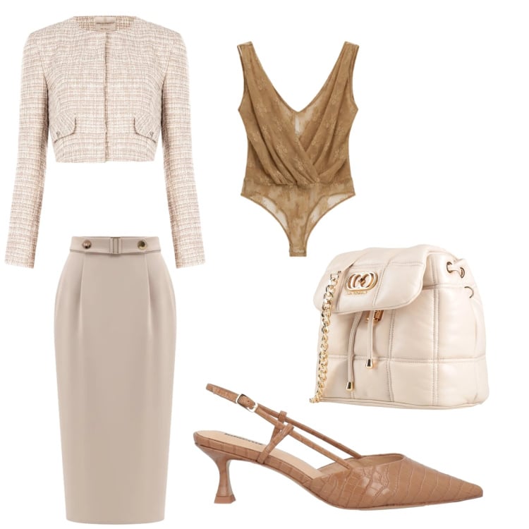 Outfit donna - Total look. Stile Sexy per Serata fuori. Abbinamento con valigie, décolleté, top, gonne longuette, blazer.