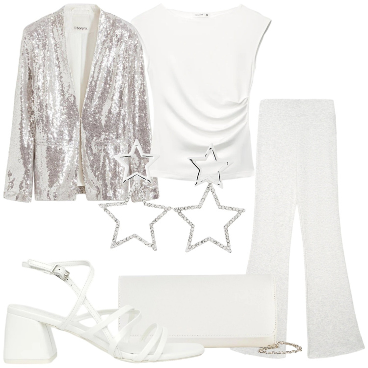 Outfit donna - Serata scintillante. Stile Glamour per Serata fuori. Abbinamento con pochette, blazer, leggings, top, orecchini, sandali col tacco.