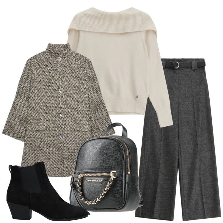 Outfit donna - Total look #2359434. Stile Bon Ton per Ufficio. Abbinamento con stivaletti chelsea, zaini, cappotti, pantaloni a palazzo, maglieria.