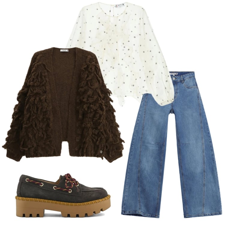 Outfit donna - Total look #2359438. Stile Trendy per Scuola/Università. Abbinamento con bluse, jeans, cardigans, mocassini.