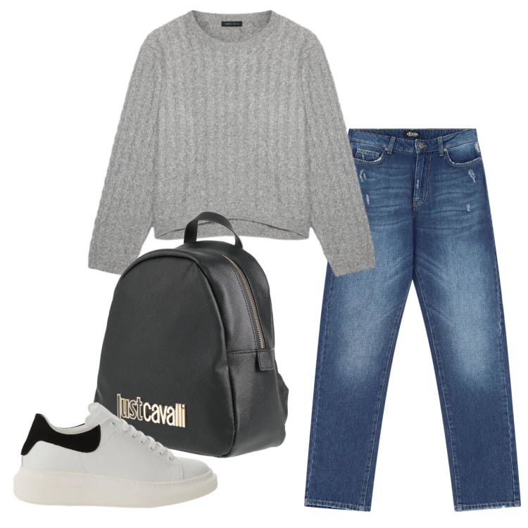 Outfit donna - Total look #2359442. Stile Basic per Scuola/Università. Abbinamento con zaini, sneakers, maglieria, jeans dritti.