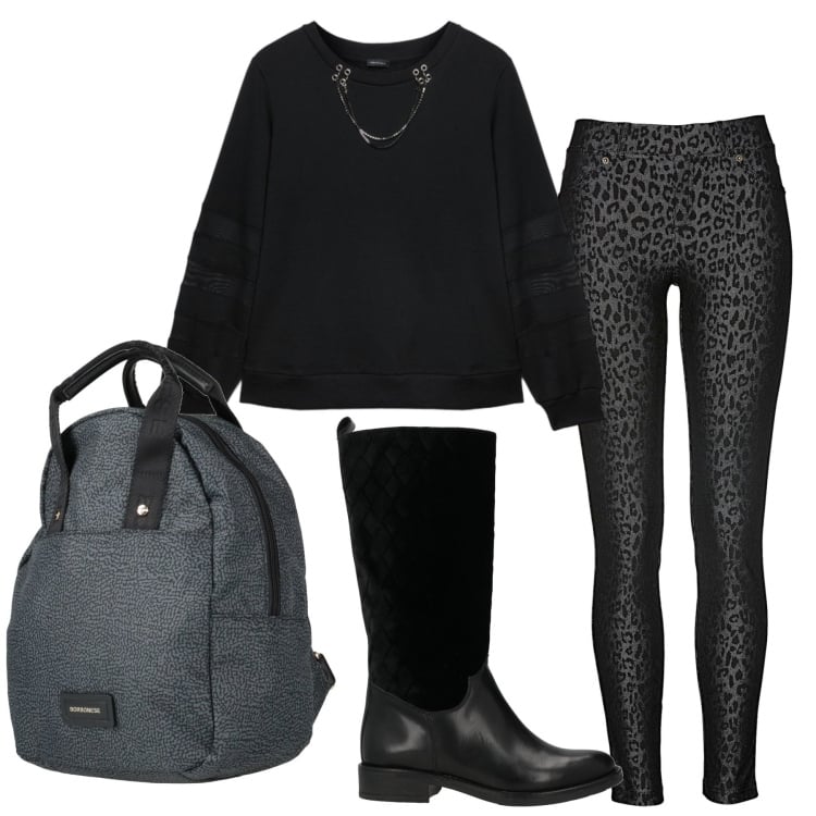 Outfit donna - Total look #2359445. Stile Glamour per Tutti i giorni. Abbinamento con zaini, stivali, jeggings, felpe.