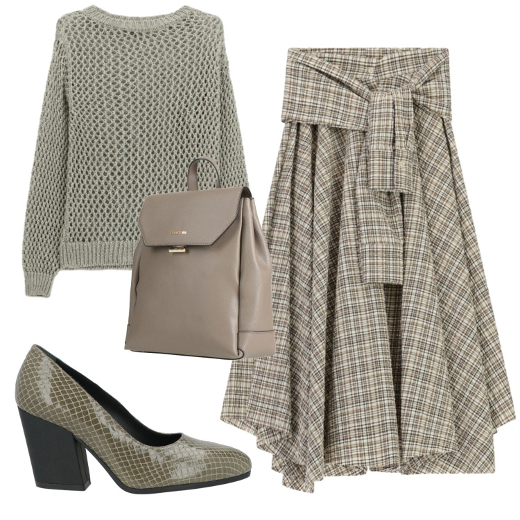 Outfit donna - Total look #2359446. Stile Trendy per Tutti i giorni. Abbinamento con décolleté, zaini, maglieria, gonne longuette.