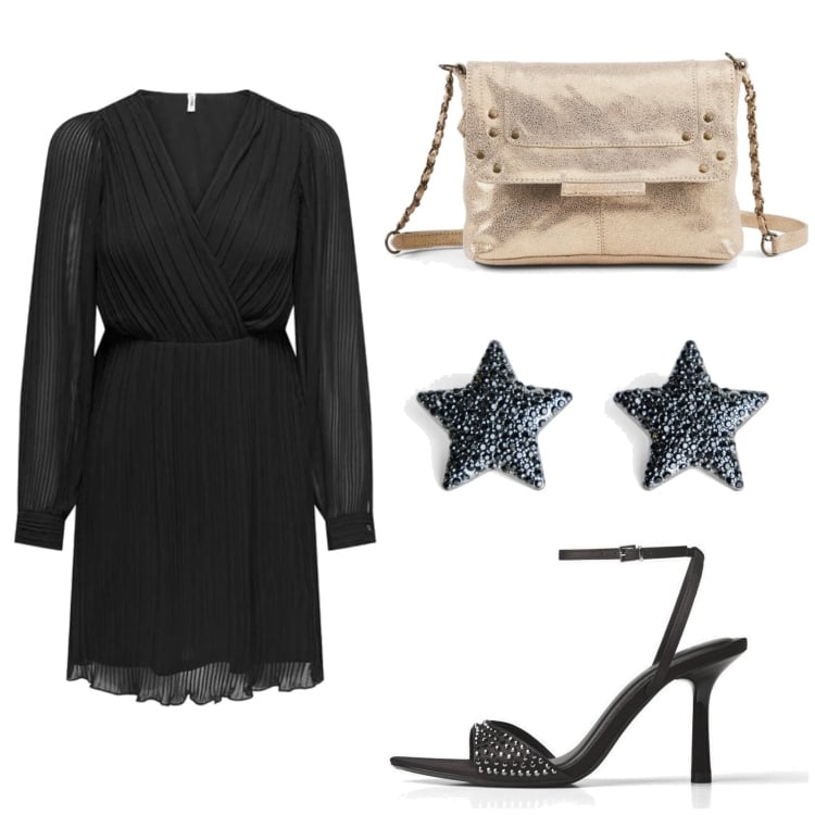 Outfit mujer - Trendy look. Estilo Trendy para Noche/Fiesta elegante. Combinación con vestidos cortos, bolsos de mano, pendientes, sandalias de tacón.