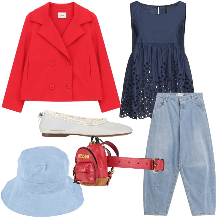 Outfit donna - Top ricamato. Stile Casual chic per Tutti i giorni. Abbinamento con marsupi, ballerine, top, cappelli, blazer, jeans.