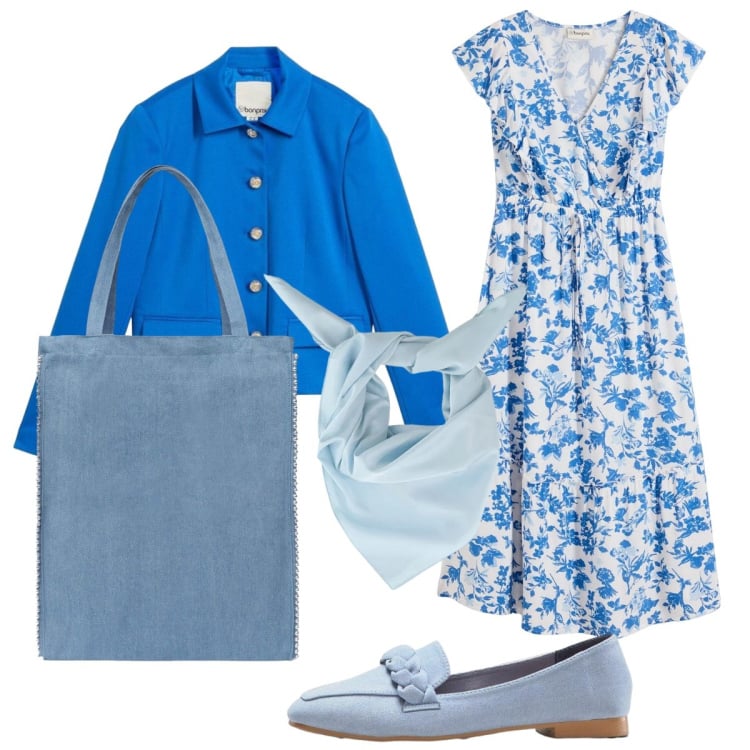 Outfit donna - Romantica a marzo. Stile Romantica per Tutti i giorni. Abbinamento con vestiti midi/longuette, blazer, mocassini, borse tote, foulard.