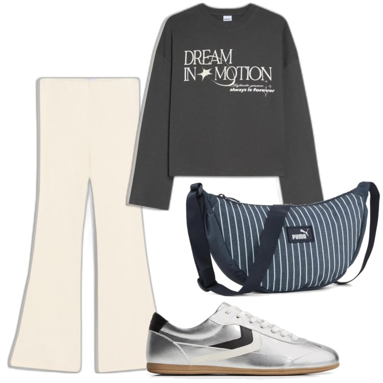 Outfit mujer - Casual look. Estilo Casual para Todos los días. Combinación con pantalones, bandoleras, camiseta, sneakers.