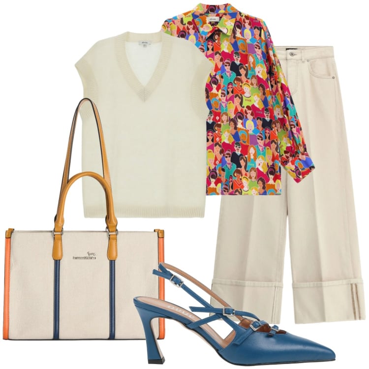 Outfit donna - Riunione alle 12. Stile Glamour per Ufficio. Abbinamento con décolleté, borse tote, pantaloni a palazzo, maglieria, camicie.