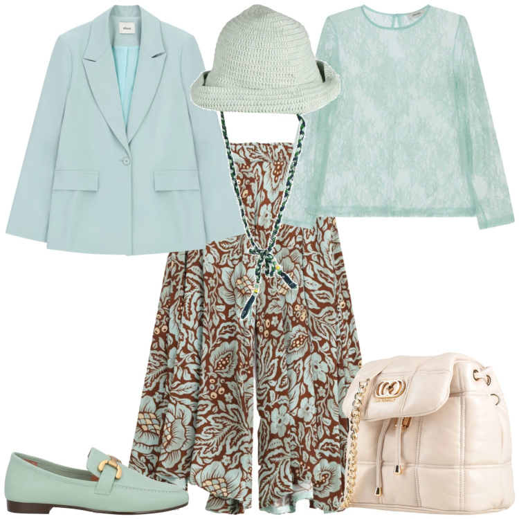 Outfit donna - Romantica cerimonia evento. Stile Romantica per Cerimonia. Abbinamento con cappelli, mocassini, valigie, pantaloni a palazzo, blazer, top.