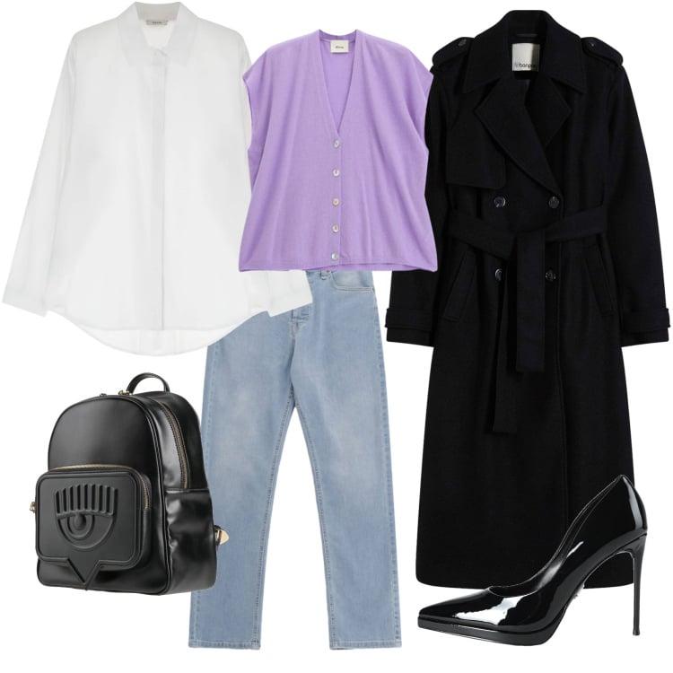 Outfit donna - il trench in black. Stile Casual chic per Ufficio. Abbinamento con décolleté, zaini, trench, camicie, gilet, jeans.